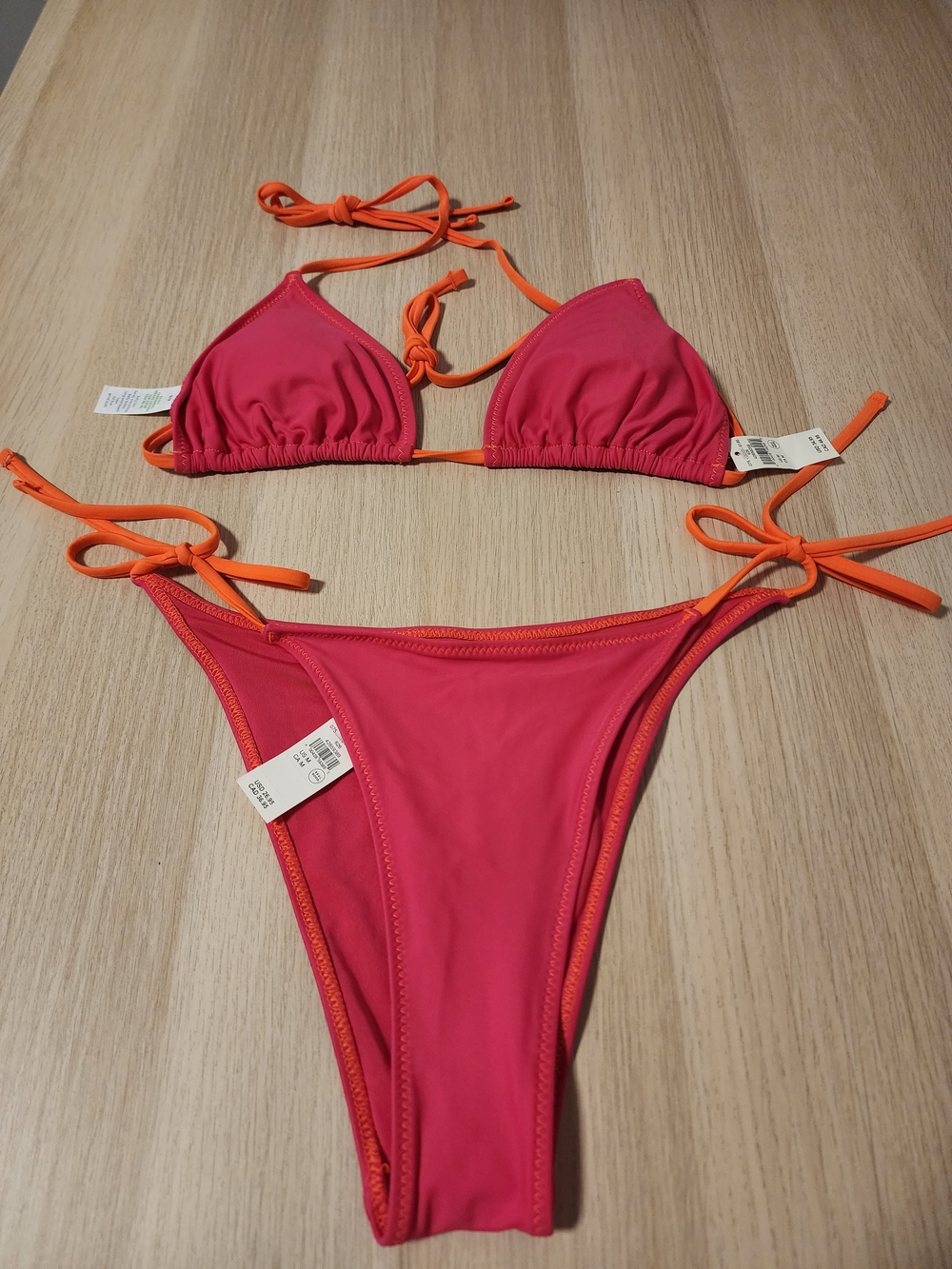 NWT Aerie Pique Textured String Triangle Bikini Set Pink Orange Medium 2025